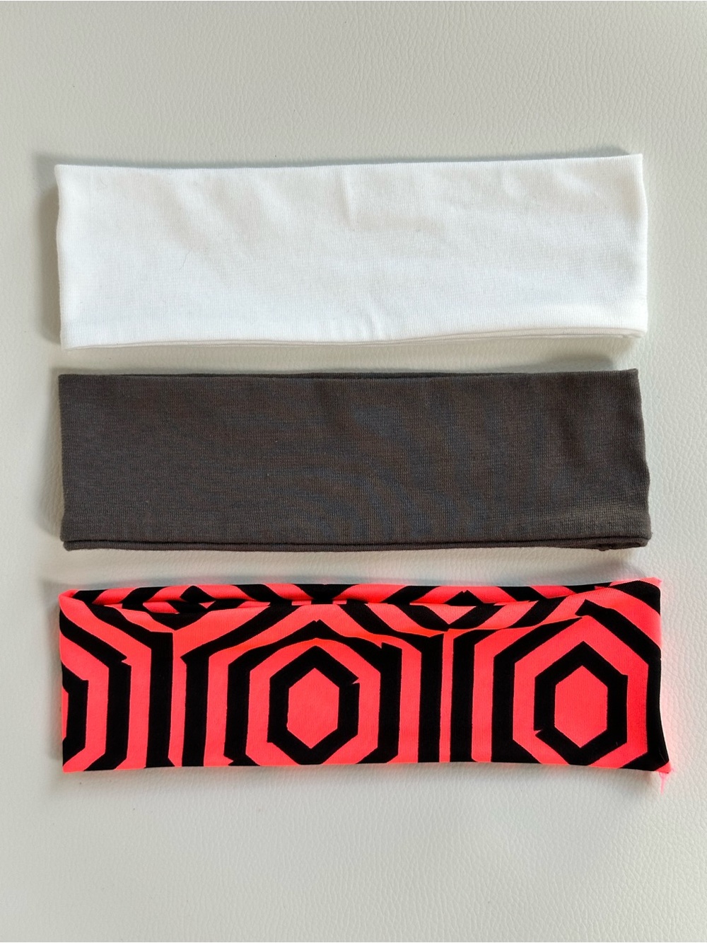 Women’s Stretch Headband Set - White, Charcoal Gray, Neon Coral/Black Pattern